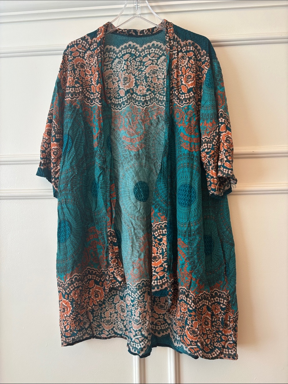Tribal Teal and Rust Floral Open Kimono